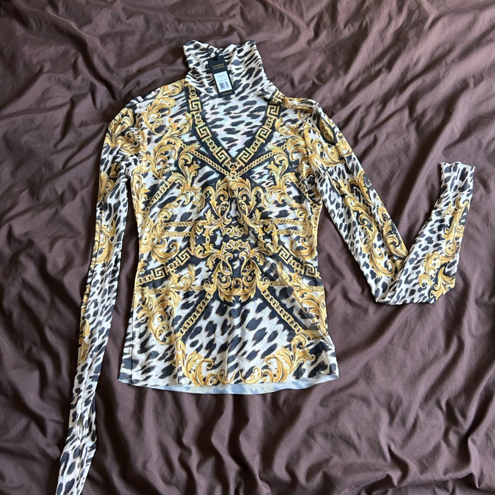 AFRM Long-Sleeve Baroque & Leopard Print Top in Gold and Black